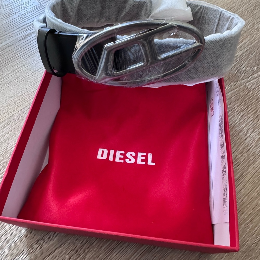 Diesel Black Leather Belt with Silver Logo Buckle